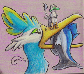 avian_feet beak blue_body facial_markings feathered_crest feathered_wings feathers feral green_eyes head_crest head_markings male markings mask_(marking) micro white_body white_markings wings yellow_markings gyrotech mythology nintendo pokemon der fan_character thunk_(gyro) aquatic avian cramorant fish generation_8_pokemon gryphon mythological_avian mythological_creature pokemon_(species) hi_res