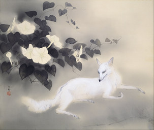 ambiguous_feral ambiguous_gender cjk_character digitigrade feral flower fog fur leaf looking_back lying on_side paws plant quadruped side_view simple_background solo tail whiskers white_body white_fur hashimoto_kansetsu public_domain canid canine fox mammal 1941 20th_century absurd_res ancient_art hi_res painting_(artwork) traditional_media_(artwork) traditional_painting_(artwork)
