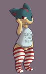 anthro anthrofied biped bottomless clothed clothing female flat_chested footwear genitals legwear looking_off_screen no_underwear partially_clothed pattern_clothing pattern_legwear pattern_stockings pokemorph pussy red_eyes shirt simple_background smile solo standing stockings striped_clothing striped_legwear striped_stockings stripes teeth text text_on_clothing text_on_shirt text_on_topwear thigh_highs topwear vandalistpikachu nintendo pokemon cindy_(cindyquilava) generation_2_pokemon pokemon_(species) quilava 2017 english_text hi_res