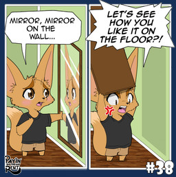 angry anthro dialogue dialogue_box humor male mirror mirror_reflection reflection solo speech_bubble standing text ariesartist roger_(ariesartist) canid canine fennec_fox fox mammal true_fox alpha_channel comic english_text hi_res