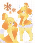 accessory anthro black_nose blonde_hair blush bodily_fluids breasts cleavage clothed clothing dress female fur hair hair_accessory hair_tie holidays huge_thighs looking_at_viewer nervous open_mouth pattern_background short_dress simple_background snowflake solo sweat sweatdrop tail text thick_thighs three-quarter_view two_tone_tail white_tail yellow_body yellow_clothing yellow_dress yellow_fur yellow_tail supersillyultra animal_crossing christmas nintendo isabelle_(animal_crossing) canid canine canis domestic_dog mammal shih_tzu toy_dog 2025 artist_name digital_drawing_(artwork) digital_media_(artwork) hi_res