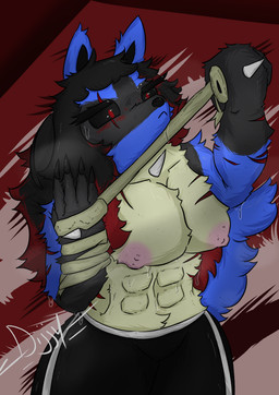 abs anthro bandage blood bodily_fluids breasts female muscular muscular_anthro muscular_female nipples piercing red_eyes scar solo spikes sweat sweatdrop thorns noonearts nintendo pokemon generation_4_pokemon lucario pokemon_(species) absurd_res hi_res