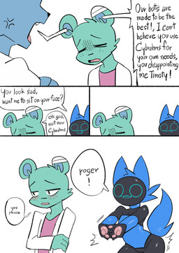 anthro blue_body butt clothing dialogue group machine male male/male screen screen_face text trio monodie cybrahms bear canid canine domestic_cat felid feline felis fox mammal robot absurd_res comic english_text hi_res