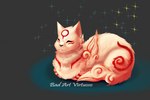 constellation eyes_closed female feral fur fur_markings loaf markings red_body red_fur simple_background smile solo star text white_body white_fur badartvirtuoso capcom clover_studio okami_(capcom) kabegami_(okami) domestic_cat felid feline felis mammal 3:2 artist_name english_text