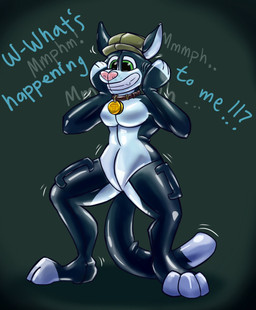 after_transformation anthro collar dialogue featureless_crotch grin handles_on_thighs hatwear latex male medallion muffled_speech permanent_smile pool_toy smile solo transformation nan_liu baal_sylva hi_res