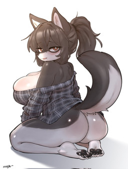 anthro big_breasts big_butt biped black_body black_fur black_hair black_nose blush bottomless breasts butt clothed clothing eyebrows eyelashes female fur hair looking_at_viewer looking_back pawpads raised_tail shirt simple_background sitting slightly_chubby snout solo tail thick_thighs topwear white_body white_fur xeppir canid canine canis mammal wolf 2026 hi_res