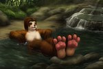 3:2 3_toes 4_fingers anthro bear blizzard_entertainment breasts brown_body brown_fur brown_hair claws countershade_feet countershade_hands countershading covered_breasts creek eyes_closed facial_markings feet feet_up female fingers flowing_water foot_focus fur glistening glistening_pawpads grass hair hands_in_water head_markings hi_res legs_up mammal markings open_mouth pandaren partially_submerged pawpads paws pink_pawpads plant ponytail red_pandaren rock sidmonthebear sigh sighing soles solo striped_body striped_fur stripes tan_body tan_fur teeth teeth_showing tiya_shortclaw toe_claws toe_pads toes vines warcraft water