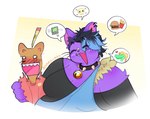 anthro bell bell_collar belly big_belly big_breasts black_hair black_nose blue_hair blush breasts cleavage clothed clothing collar duo eyes_closed female flustered fur hair huge_belly huge_breasts male male/female multicolored_hair obese obese_anthro obese_female open_mouth overalls overweight overweight_anthro overweight_female purple_body purple_fur sharp_teeth shirt shoulder_fluff speech_bubble spiked_collar spikes teeth topwear two_tone_hair rorrii undertale_(series) burgerpants catty_(undertale) domestic_cat felid feline felis mammal 2025 artist_name digital_drawing_(artwork) digital_media_(artwork) hi_res