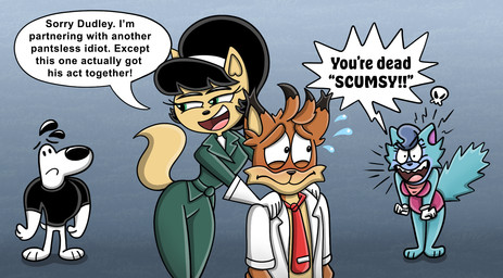 accessory angry anthro black_hair black_nose breasts clothing dialogue dress female fur group hair jealous male male/female necktie purple_body purple_fur purple_hair red_body red_fur sad shirt speech_bubble tail tan_body tan_fur text topwear white_body white_fur shinragod bubsy_(series) nickelodeon t.u.f.f._puppy bubsy_bobcat dudley_puppy kitty_katswell oblivia_(bubsy) bobcat canid canine canis domestic_cat domestic_dog felid feline felis lynx mammal english_text hi_res