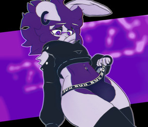 anthro black_clothing black_eyeshadow black_legwear black_thigh_highs bulge clothing clothing_pull crop_top dutch_angle ear_piercing ear_ring eyebrows eyeshadow femboy fur hair jockstrap jockstrap_pull legwear long_sleeves looking_down low-angle_view makeup male messy_hair midriff navel navel_piercing piercing purple_body purple_eyes purple_hair ring_piercing shirt short_hair solo text thick_thighs thigh_highs topwear underwear underwear_pull white_body white_eyebrows white_fur cryptiacurves cryptiacurves_(modeler) cryptia lagomorph leporid mammal rabbit 3d_(artwork) digital_media_(artwork) english_text hi_res
