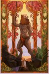 abstract_background anthro art_nouveau brown_body classical confident forest fur leaf looking_at_another male nature plant renaissance sky solo tree water diorionarh mythology bear mammal hi_res