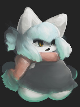 anthro bangs black_bottomwear black_clothing black_lips black_nose black_topwear blue_hair bottomwear clothed clothing cute_fangs eyelashes fangs featureless_feet featureless_hands feet female female_anthro fully_clothed fur hair kemono lips looking_forward open_mouth orange_eyes pupils red_scarf red_tongue scarf slightly_chubby solo standing teeth tongue topwear white_body white_ears white_fur hasukii lee_(hasukii) canid canine mammal 3:4