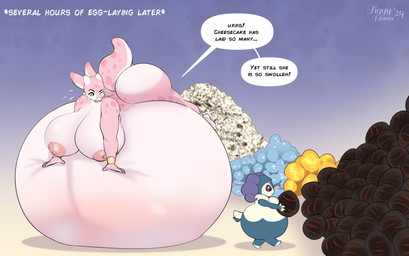 anthro bared_teeth belly big_belly big_breasts big_butt blue_body breasts butt duo egg facial_spots female green_eyes huge_belly huge_breasts huge_butt hyper hyper_belly hyper_breasts hyper_pregnancy immobile lying lying_on_self markings nipples nude on_front one_eye_closed oviposition pink_body pink_nipples pregnant pregnant_anthro pregnant_female speech_bubble spots spotted_face spotted_legs spotted_markings spotted_shoulders spotted_tail tail tail_markings text vaginal_oviposition white_body tiggybloom nintendo pokemon cheesecake_(tiggybloom) generation_8_pokemon indeedee kobold pokemon_(species) scalie 2024 english_text hi_res
