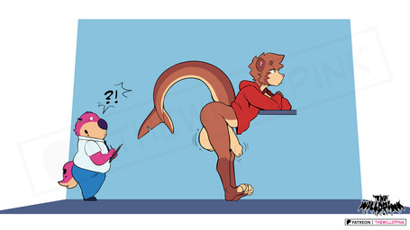 anthro balls big_balls big_penis brown_body brown_fur clothing duo fur genitals huge_balls huge_penis humanoid_genitalia humanoid_penis hyper hyper_balls hyper_genitalia hyper_penis male male/male nude penis pink_body pink_fur slightly_chubby slightly_chubby_anthro suit thewilldpink deren_(kagami_valgus) canid canine hyena mammal raccoon_dog tanuki watermark