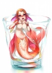 big_breasts breasts container cup featureless_breasts female fin fish_tail front_view head_fin in_container in_cup looking_at_viewer micro monster_girl_(genre) navel non-mammal_breasts nude open_mouth paws pink_eyes simple_background solo split_form water white_background ganbanman marine merfolk full-length_portrait portrait