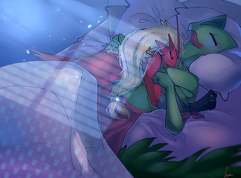 accessory anthro beak bed_sheet bedding bedroom clothed clothing cuddling duo fur hair_accessory hair_tie hug leaf leaf_tail lights male male/male multicolored_body multicolored_fur night pillow sleeping smile tail demira_lilian nintendo pokemon fan_character avian blaziken generation_3_pokemon pokemon_(species) reptile scalie sceptile digital_media_(artwork) hi_res