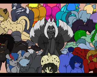 anthro big_breasts big_penis black_body black_fur breasts butt erect_nipples female fur genitals group harem huge_penis humanoid_genitalia humanoid_penis hyper hyper_genitalia hyper_penis male nipples penis presenting presenting_hindquarters droll3 tamati avian bat bird canid canine canis domestic_cat domestic_dog felid feline felis mammal poodle wolf