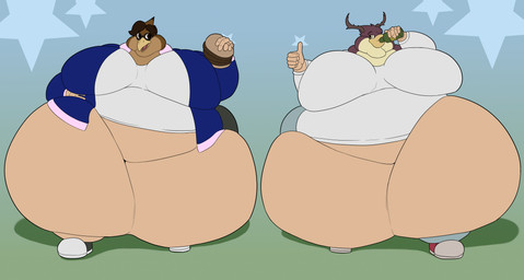 anthro belly beverage clothing duo food glamour holding_food holding_object male male/male moobs morbidly_obese morbidly_obese_anthro obese obese_anthro overweight overweight_anthro sammy_(vinylhabooski) tycho_(dragonsong97) wolfgerlion64 avian bird absurd_res hi_res