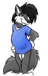 black_hair black_nose blue_clothing blue_shirt blue_topwear clothing fur grey_body grey_fur hair pantsless_anthro pantsless_male shirt simple_background smile solo t-shirt topwear white_background white_body white_fur cirruskitfox mammal