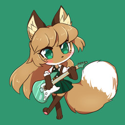 anthro bass_guitar brown_body brown_fur clothing dipstick_tail female female_anthro fur gloves_(marking) green_clothing green_eyes guitar hair markings musical_instrument pawpads paws pink_pawpads plucked_string_instrument solo string_instrument tail tail_markings white_body white_fur conditional_dnp fiddleafox averi_(fiddleafox) canid canine fox mammal red_fox true_fox 1:1