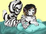 ambiguous_gender anthro blue_eyes collar cuff_(restraint) nude restraints simple_background solo wrist_cuffs mushicrosshairs dolore dolore_moore canid canine felid hybrid mammal pantherine tiger