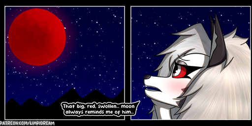 anthro blush female fur hair moon night piercing red_moon red_sclera simple_background sky solo teeth text white_body white_fur limpidream hellaverse helluva_boss mythology loona_(helluva_boss) canid canid_demon canine demon hellhound mammal mythological_canine mythological_creature absurd_res digital_media_(artwork) english_text hi_res meme