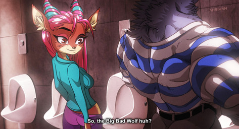 alcohol anthro beverage big_eyes bottomwear breasts claws clothed clothing duo eyebrows female footwear fur grey_body grey_fur hair horn legwear male multicolored_horn notched_ear pants pattern_clothing pink_hair pose purple_bottomwear purple_clothing red_body red_fur russia russian shoes side_boob slim smile smirk standing striped_clothing stripes tan_body tan_fur toilet urinal urinal_peeking white_clothing white_footwear white_shoes ahriman_(artist) soyuzmultfilm well_just_you_wait! ulya_(wjyw) volk_(wjyw) antelope bovid canid canine canis deer gazelle mammal new_world_deer roe_deer wolf 2021 digital_media_(artwork) hi_res meme