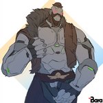 belt blush bowler_hat bulge bulge_fondling clothing green_eyes hat headgear headwear jacket leather leather_clothing leather_jacket leather_topwear machine male muscular muscular_male solo topwear vitaminbara blizzard_entertainment overwatch bob_(overwatch) humanoid omnic robot robot_humanoid 1:1 2018