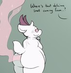 antennae_(anatomy) big_butt blush blush_lines butt colorful_fart fart fart_cloud fur gas looking_at_viewer looking_back looking_back_at_viewer male musk pink_eyes pink_fart_cloud smell smelly solo white_body white_fur conditional_dnp verdantphysician dusty_(verdantphysician) fairy colored flat_colors