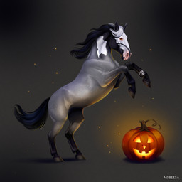 ambiguous_feral ambiguous_gender black_hair brown_eyes facial_markings feral food fruit fur grey_body grey_fur hair head_markings holidays hooves mane mane_hair markings multicolored_body multicolored_fur multicolored_mane on_hind_legs plant pumpkin pupils quadruped solo tail text white_body white_fur white_hair beesa halloween equid mammal pinto 1:1 2023 artist_name digital_media_(artwork) digital_painting_(artwork) hi_res painting_(artwork) signature
