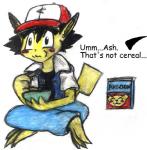 alternate_species anthro clothing crossed_legs eating hat headgear headwear male offscreen_character simple_background solo transformation white_background kanada nintendo pokemon ash_ketchum ashchu pokemon_trainer generation_1_pokemon mammal pikachu pokemon_(species) rodent traditional_media_(artwork)