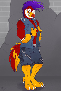 anthro avian_feet beak biped blue_hair bottomwear claws clothed clothing collar countershade_face countershading feathers grey_bottomwear grey_clothing grey_shorts grin hair male mohawk red_body red_feathers shorts smile solo spiked_collar spikes tail tail_feathers toe_claws topwear vest white_body white_countershading yellow_beak fuf avian bird 2019 2:3 hi_res