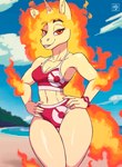 anthro breasts camel_toe cleavage clothed clothing female fire flaming_hair monster_girl_(genre) navel presenting pseudo_hair smile smiling_at_viewer solo wide_hipped_anthro wide_hipped_female wide_hips deathzera nintendo pokemon equid equine generation_1_pokemon mammal pokemon_(species) rapidash hi_res signature