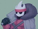 accessory anthro cape clothing fur_trim_(clothing) headband male nail_(weapon) pecs solo weapon_on_shoulder animato hollow_knight team_cherry nailmaster_mato_(hollow_knight)