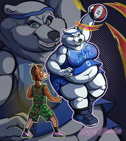 anthro ball basketball_(ball) basketball_uniform blue_bottomwear blue_clothing blue_shirt blue_shorts blue_topwear bottomwear brown_body brown_fur claws clothed clothing duo female footwear fur green_bottomwear green_clothing green_eyes green_shirt green_shorts green_topwear male overweight overweight_anthro overweight_female roarball roarball_(ball) shirt shoes shorts size_difference sportswear tail text text_on_clothing text_on_shirt text_on_topwear topwear uniform white_body white_fur grizzly_grandeur goat_(movie) sony_corporation sony_pictures propp_(goat) will_harris bear boer_goat bovid caprine domestic_goat goat mammal polar_bear ursine 2026 digital_media_(artwork) hi_res