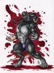 4_toes 5_fingers anthro black_body black_fur black_nose blood bodily_fluids digitigrade feet fingers fur horn long_tail male nipples purple_eyes solo tail toes white_body white_fur natoli canid canine canis hybrid mammal rodent wolf 2019 hi_res traditional_media_(artwork)