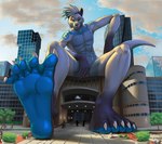 5_fingers anthro building casual_nudity claws cloud extreme_size_difference fingers larger_male looking_down macro male sitting_on_building size_difference size_play sky smile strategically_covered tail toe_claws blockman3_(artist) mammal mustelid otter 2023 digital_media_(artwork) hi_res