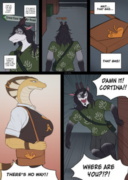 anthro chest_tuft dialogue female furgonomic_piercing furgonomics male piercing running sign sling_bag snake_hood snake_hood_piercing solo text tuft yelling litehase cobra reptile scalie snake comic english_text hi_res