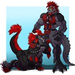 anthro balls black_body black_penis claws digitigrade duo fellatio genitals hair harness humanoid_genitalia humanoid_penis kneeling male male/male muscular muscular_anthro muscular_male oral penile penis red_hair sex side_view smile standing arody bladerush_(character) tagg dinosaur prehistoric_species reptile scalie theropod tyrannosaurid tyrannosauroid tyrannosaurus tyrannosaurus_rex 1:1 hi_res