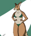 anthro breasts claws clothed clothing collar ear_piercing female fingers fur jewelry looking_at_viewer partially_clothed piercing ring simple_background small_breasts smile solo standing tail three-quarter_view underwear wide_hips zruskawka kangaroo macropod mammal marsupial 2025 digital_media_(artwork) hi_res portrait shaded