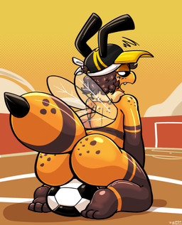3_toes annoyed anthro ball big_butt black_hair black_sclera bodily_fluids brown_body brown_exoskeleton brown_hair brown_spots bubble_butt butt clothing cute_fangs exoskeleton fangs feet fur hair half-closed_eyes headgear headkerchief headwear insect_wings kerchief kneeling looking_at_viewer looking_back male markings mostly_nude narrowed_eyes open_mouth orange_body orange_exoskeleton outside rear_view soccer_ball soccer_field solo spots spotted_body spotted_exoskeleton stinger striped_body striped_exoskeleton stripes sweat sweatdrop teeth toes white_eyes white_headkerchief white_kerchief wings yellow_body yellow_fur felino quindim_(felino) arthropod bee hymenopteran insect 2026 hi_res