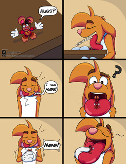 3_toes 4_fingers anthro big_feet big_tongue cartoon_gloves cartoon_physics cheek_bulge duo extreme_size_difference eyebrows eyes_closed eyewear feet fingers flattened glasses hug long_tongue male male/male micro open_mouth paws red_tongue size_difference soft_vore squeezed text toes tongue toony toony_moment uvula vore wide_tongue doggydog doggydog_(character) roderick_(tamerkoh) toon_doggydog_(doggydog) canid canine canis domestic_dog lagomorph leporid mammal rabbit absurd_res comic english_text hi_res