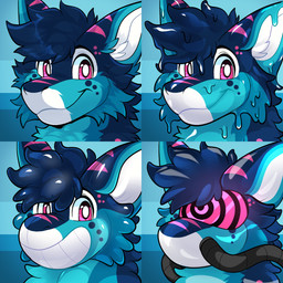 anthro black_hair black_markings blue_body drone freckled_face freckles hair hypnosis latex male male/male markings mind_control pink_eyes pink_markings pool_toy slime smile spiral white_markings rindeadsong novayyyy aquatic canid canine fish hybrid mammal shark 1:1 hi_res