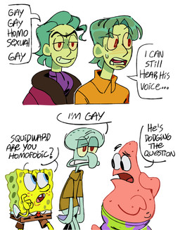 alternate_species anthro clothed clothing dialogue duo group humanized humor male multiple_forms navel non-mammal_navel on_model speech_bubble text toony trio walking mao_draws nickelodeon spongebob_squarepants patrick_star spongebob_squarepants_(character) squidward_tentacles squilliam_fancyson aquatic asterozoan cephalopod coleoid echinoderm giant_pacific_octopus human mammal mollusk octopodiform octopus sea_sponge starfish absurd_res english_text hi_res