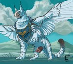 balls beak chest_armor claws cloud day digitigrade dipstick_tail erection feathered_wings feathers feral finger_claws fur genitals grass knot knotted_penis low-angle_view male markings outside penis plant quadruped raised_arm sky solo spread_wings striped_body striped_fur stripes tail tail_markings toe_claws white_body white_feathers white_fur wings gryph000 mythology avian gryphon mythological_avian mythological_creature hi_res shaded signature watermark