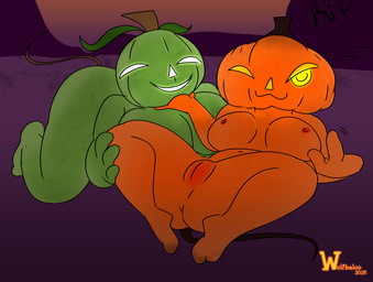 anthro breasts duo female female/female food for_a_head fruit genitals glowing glowing_eyes holidays jack-o'-lantern looking_at_viewer nipples nude plant pumpkin pumpkin_head simple_background tail vulva wolfbaloo halloween elemental_creature monster object_head digital_media_(artwork)