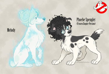 black_hair curly_hair duo eyewear female female/female feral glasses hair smile nyaasu ghostbusters ghostbusters:frozen_empire melody_(ghostbusters) phoebe_spengler canid canine canis domestic_dog ghost mammal spirit hi_res
