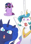 blue_eyes blue_hair crown eyewear female feral group hair headgear horn jewelry necklace purple_eyes sitting sparkles sunglasses tiara trio underpable friendship_is_magic hasbro my_little_pony mythology two_soyjaks_pointing princess_celestia_(mlp) princess_luna_(mlp) twilight_sparkle_(mlp) equid equine mammal mythological_creature mythological_equine unicorn absurd_res hi_res meme