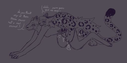 all_fours animal_genitalia animal_penis anthro anthro_penetrated balls bestiality blush blush_lines bodily_fluids breasts canine_genitalia canine_penis cum cum_in_vagina cum_inside dialogue digitigrade dominant dominant_feral duo erection eyes_closed featureless_breasts female female_penetrated feral feral_penetrating from_behind_position genital_fluids genitals gynomorph gynomorph/female gynomorph_penetrating horn impregnation internal internal_vaginal intersex intersex/female intersex_penetrating interspecies knot knotting looking_at_another looking_at_partner looking_back mounting nude penetration penile penile_penetration penile_spines penis quadruped sex size_difference smile speech_bubble submissive submissive_anthro tail text vaginal vaginal_penetration pantheggon ivory_(pantheggon) sam_(gfyguy) canid canine canis felid mammal pantherine snow_leopard wolf 2026 digital_drawing_(artwork) digital_media_(artwork) english_text hi_res
