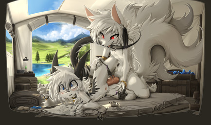anal anal_penetration animal_genitalia animal_penis anthro anthro_on_anthro anthro_penetrated anthro_penetrating anthro_penetrating_anthro black_body black_fur blue_eyes blush canine_genitalia canine_penis claws cloud day detailed_background drawing_(action) duo erection femboy finger_claws fur genital_slit genitals grass kemono knot knotted_penis looking_at_another male male/male male_penetrated male_penetrating male_penetrating_male mountain multi_tail outside penetration penile penile_penetration penis penis_in_ass penis_tip plant red_eyes sex sky slim_male snout spread_legs spreading surprised tail tent toe_claws water white_body white_fur kluclew mythology irbeth dragon furred_dragon furred_scalie mythological_creature mythological_scalie scalie hi_res shaded